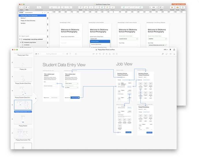 User flow board from the dev workshop: prepay login variants, student data entry, and job views mapped screen by screen