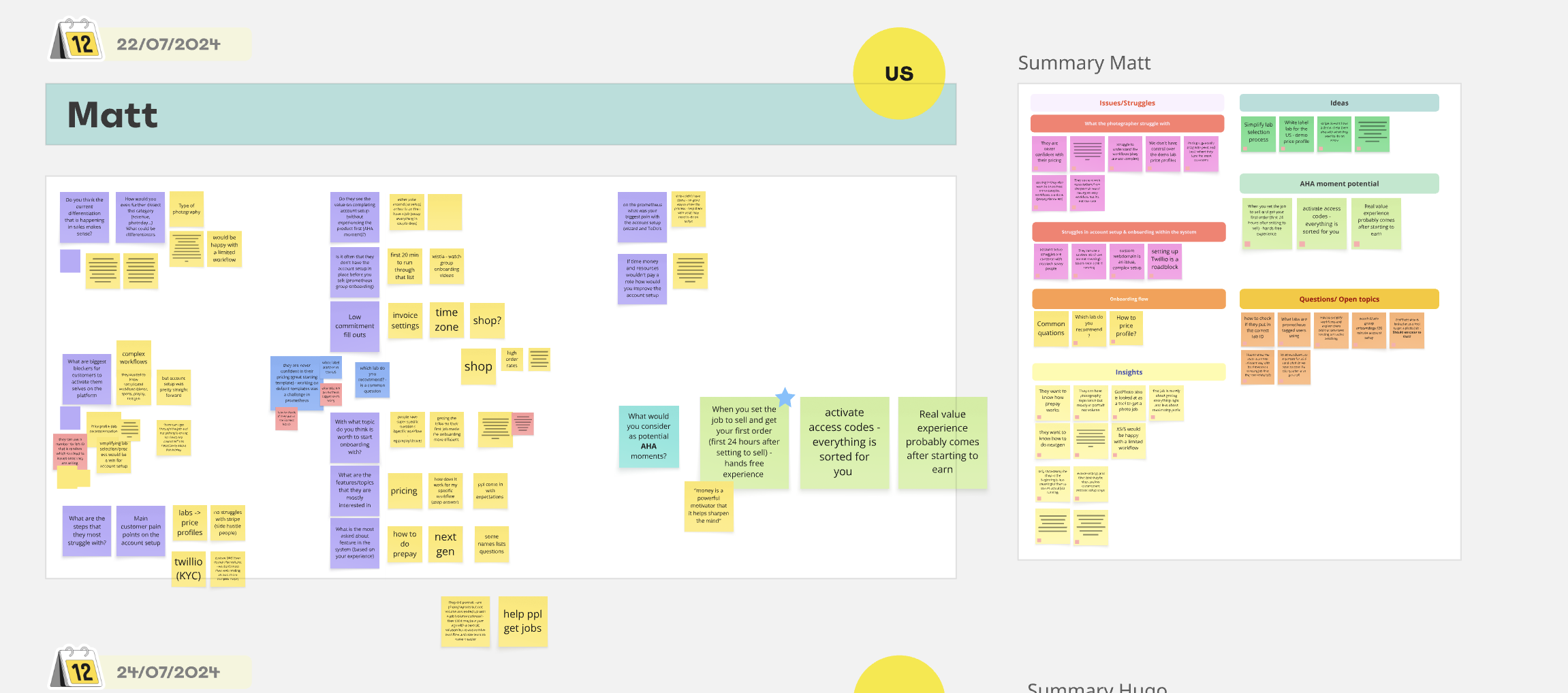 Miro board of clustered interview notes from the internal research sessions