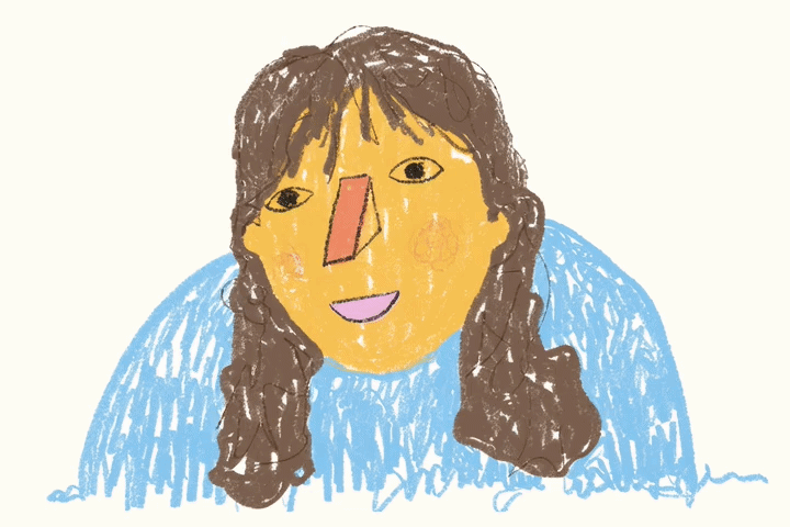 Hand-drawn self-portrait of Tili, dark wavy hair and a blue sweater